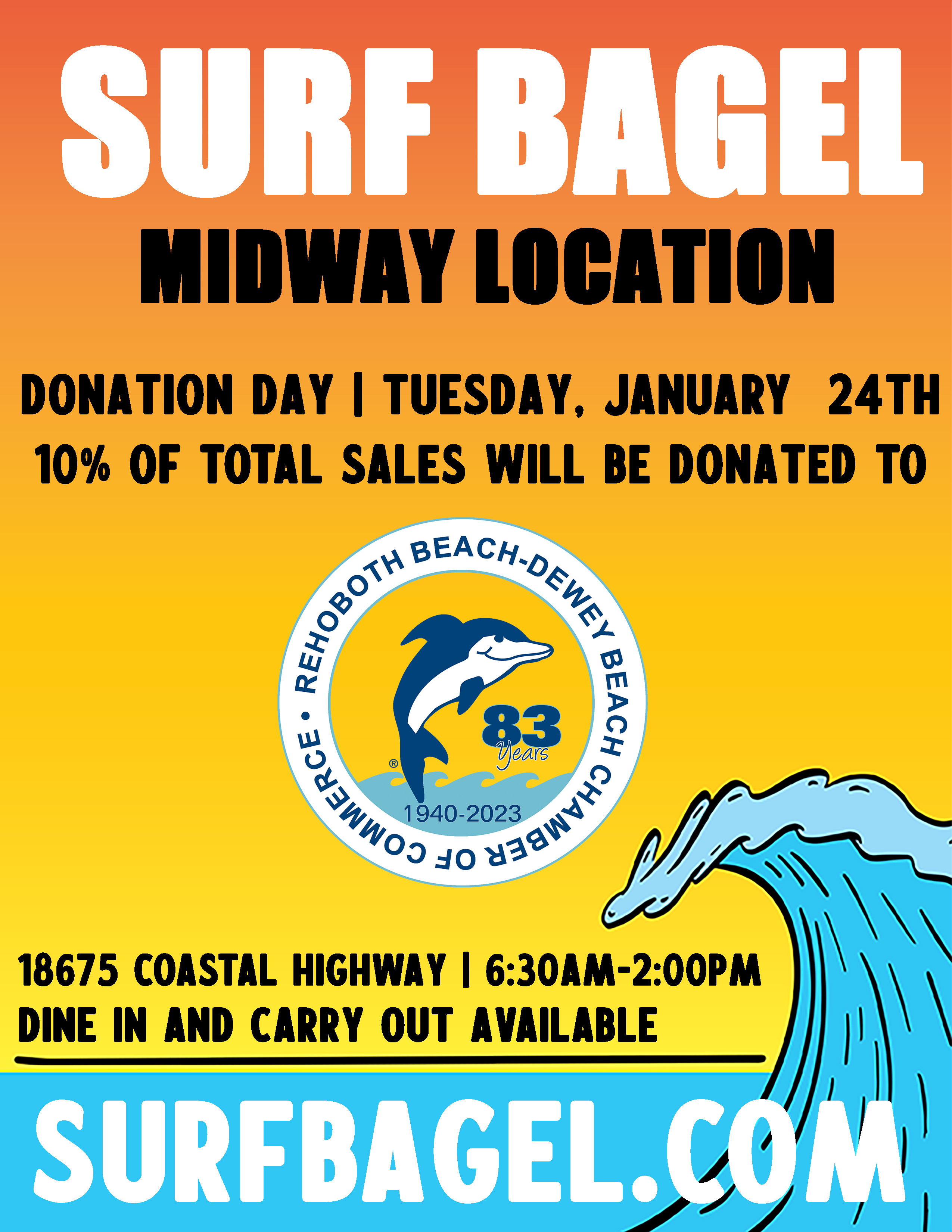 Surf Bagel Donation Day Rehoboth Dewey Chamber Donation Day Graphic